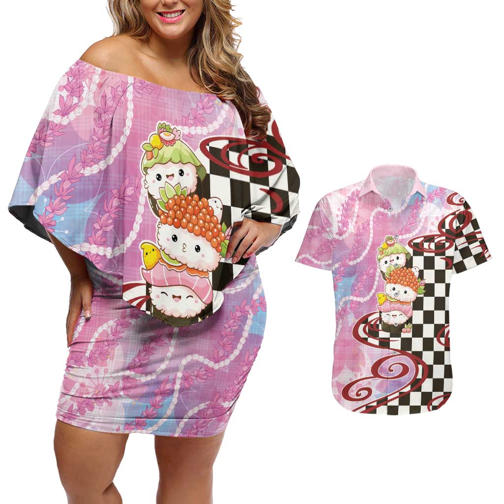Personalized Japanese Kawaii Sushi Roll Couples Matching Off Shoulder Short Dress and Hawaiian Shirt Wagara Palaka Pattern LT9 Pink - Polynesian Pride