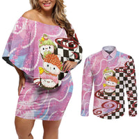 Personalized Japanese Kawaii Sushi Roll Couples Matching Off Shoulder Short Dress and Long Sleeve Button Shirt Wagara Palaka Pattern LT9 Pink - Polynesian Pride