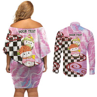 Personalized Japanese Kawaii Sushi Roll Couples Matching Off Shoulder Short Dress and Long Sleeve Button Shirt Wagara Palaka Pattern LT9 - Polynesian Pride