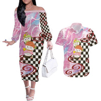 Personalized Japanese Kawaii Sushi Roll Couples Matching Off The Shoulder Long Sleeve Dress and Hawaiian Shirt Wagara Palaka Pattern LT9 Pink - Polynesian Pride