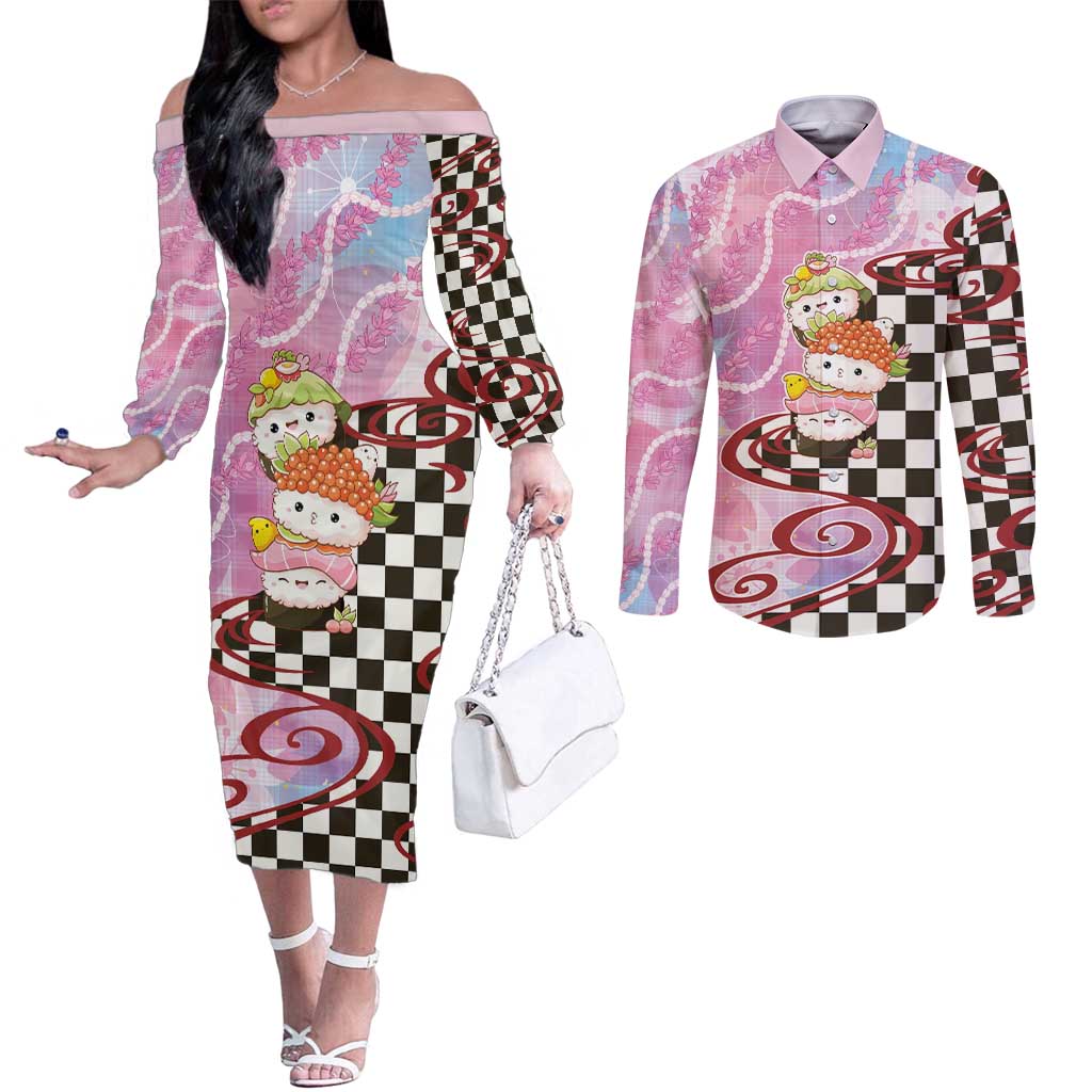 Personalized Japanese Kawaii Sushi Roll Couples Matching Off The Shoulder Long Sleeve Dress and Long Sleeve Button Shirt Wagara Palaka Pattern