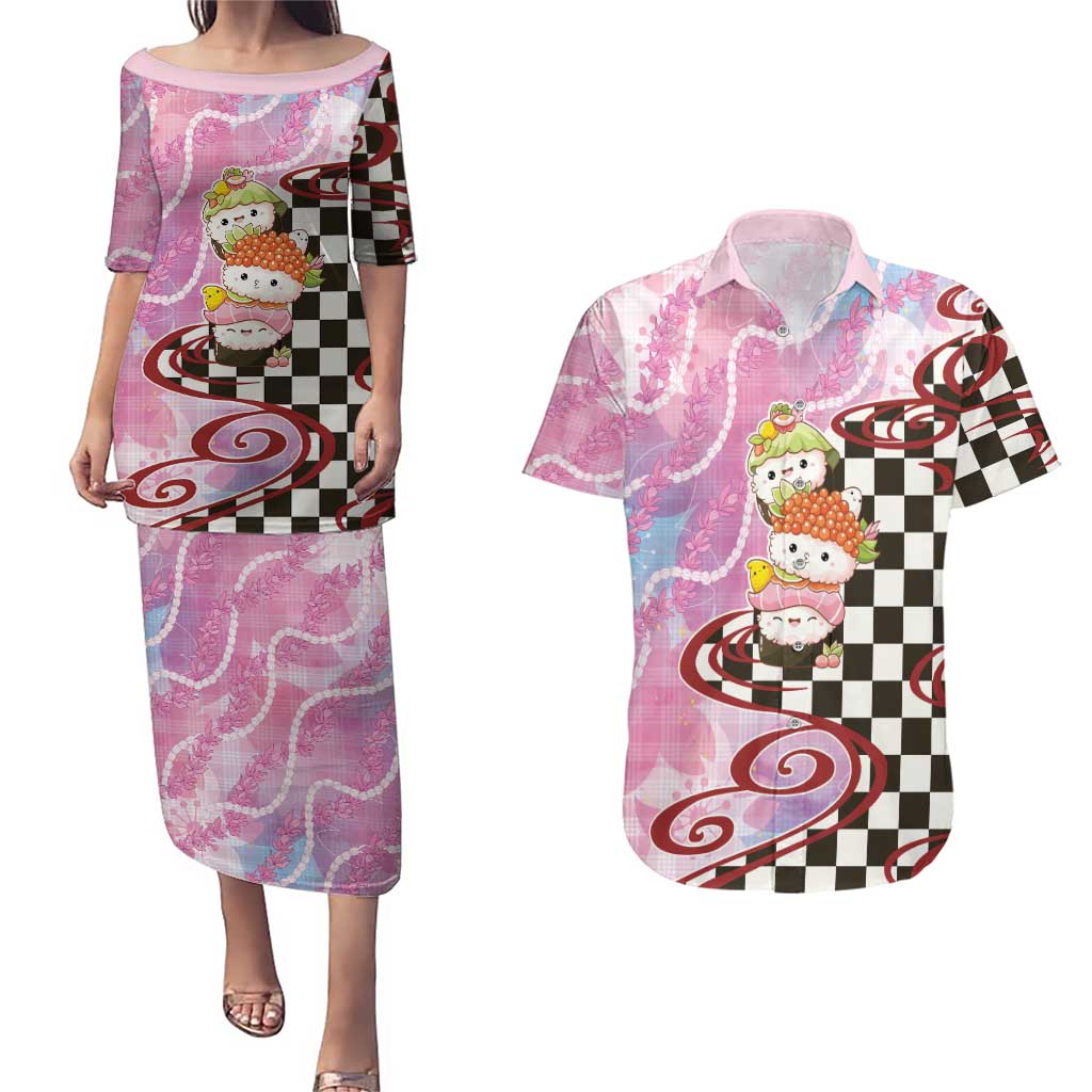 Personalized Japanese Kawaii Sushi Roll Couples Matching Puletasi and Hawaiian Shirt Wagara Palaka Pattern LT9 Pink - Polynesian Pride