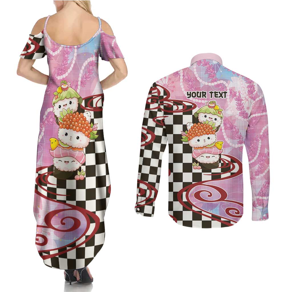 Personalized Japanese Kawaii Sushi Roll Couples Matching Summer Maxi Dress and Long Sleeve Button Shirt Wagara Palaka Pattern LT9 - Polynesian Pride