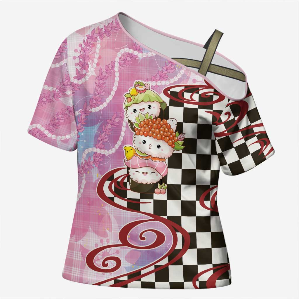 Personalized Japanese Kawaii Sushi Roll Cross Shoulder Shirt Wagara Palaka Pattern LT9 Female Pink - Polynesian Pride