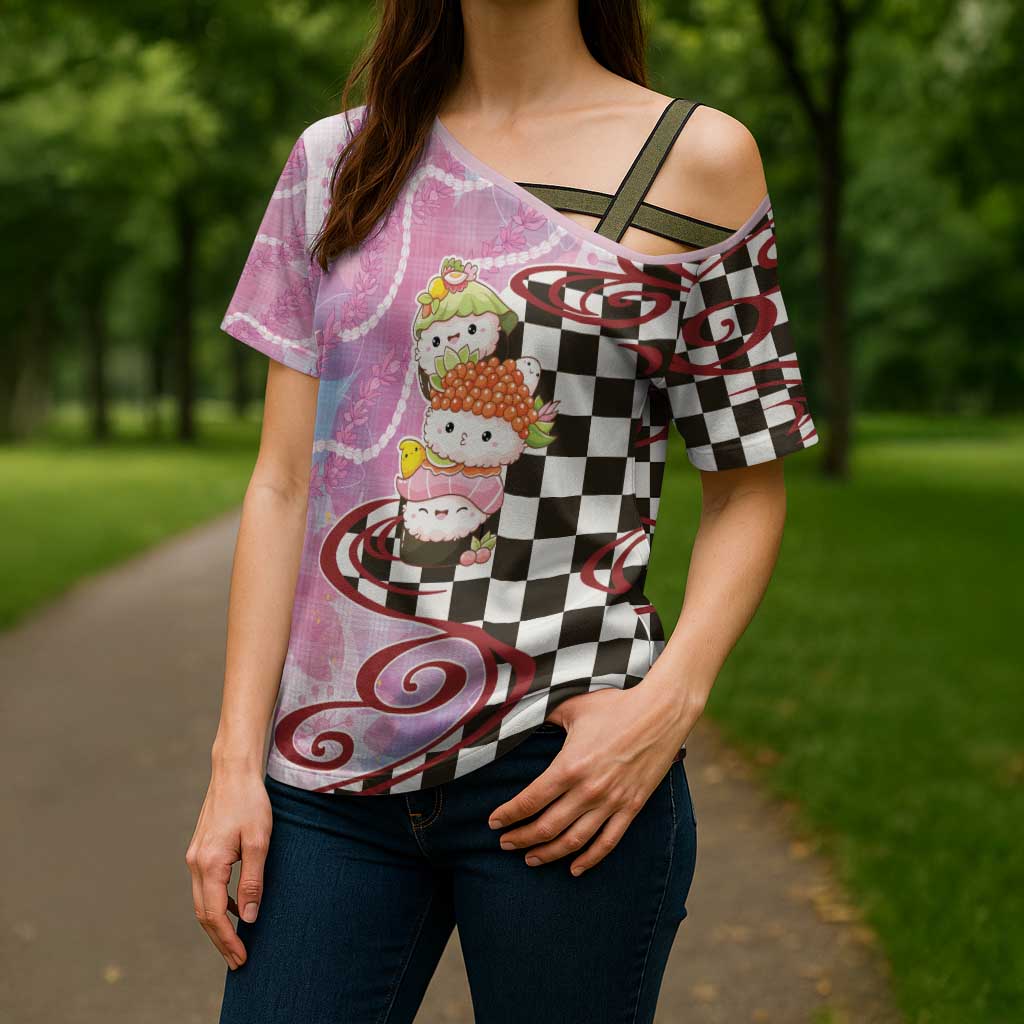 Personalized Japanese Kawaii Sushi Roll Cross Shoulder Shirt Wagara Palaka Pattern LT9 - Polynesian Pride