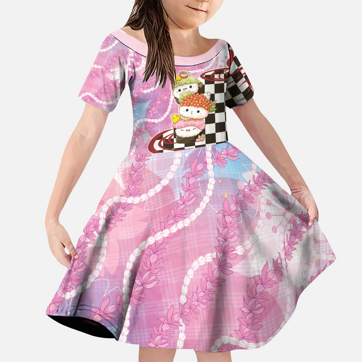 Personalized Japanese Kawaii Sushi Roll Kid Short Sleeve Dress Wagara Palaka Pattern LT9 KID Pink - Polynesian Pride