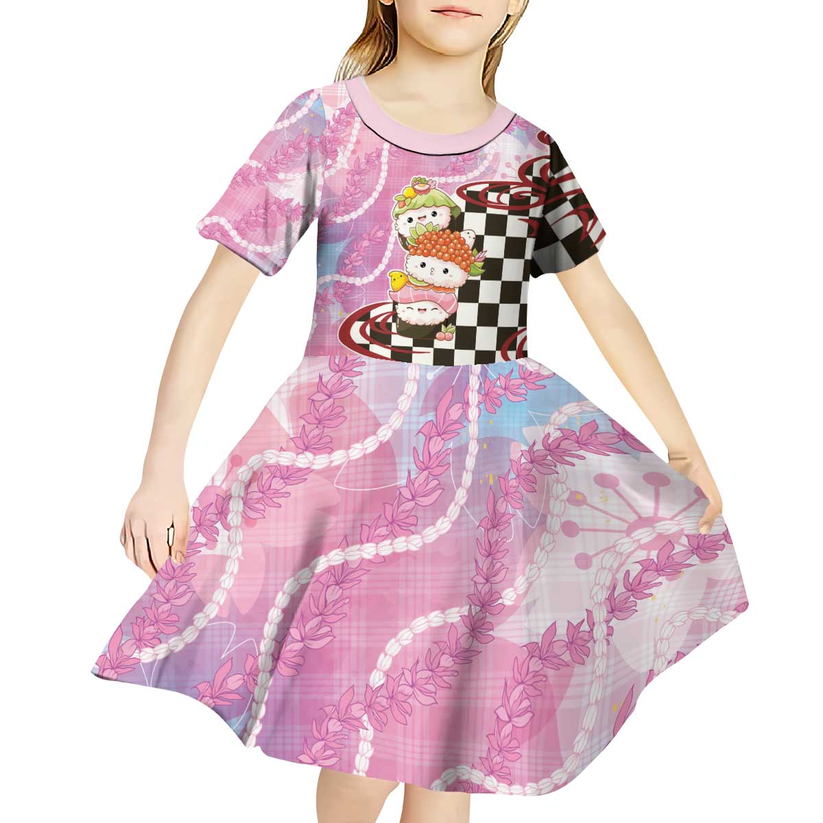 Personalized Japanese Kawaii Sushi Roll Kid Short Sleeve Dress Wagara Palaka Pattern LT9 - Polynesian Pride