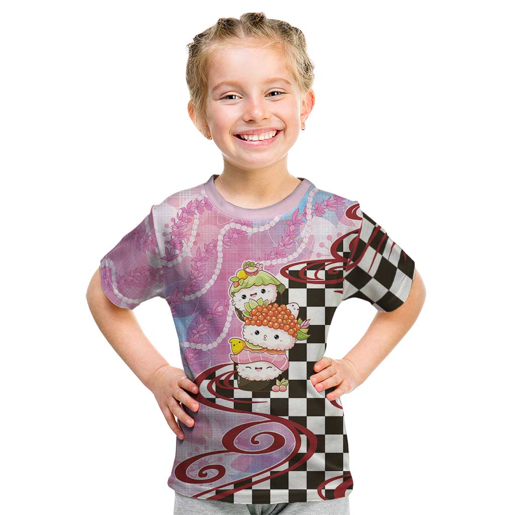 Personalized Japanese Kawaii Sushi Roll Kid T Shirt Wagara Palaka Pattern LT9 Pink - Polynesian Pride