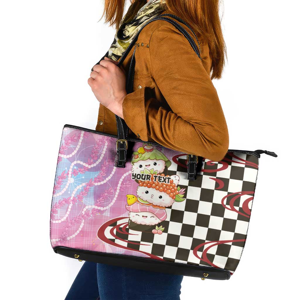 Personalized Japanese Kawaii Sushi Roll Leather Tote Bag Wagara Palaka Pattern LT9 Pink - Polynesian Pride