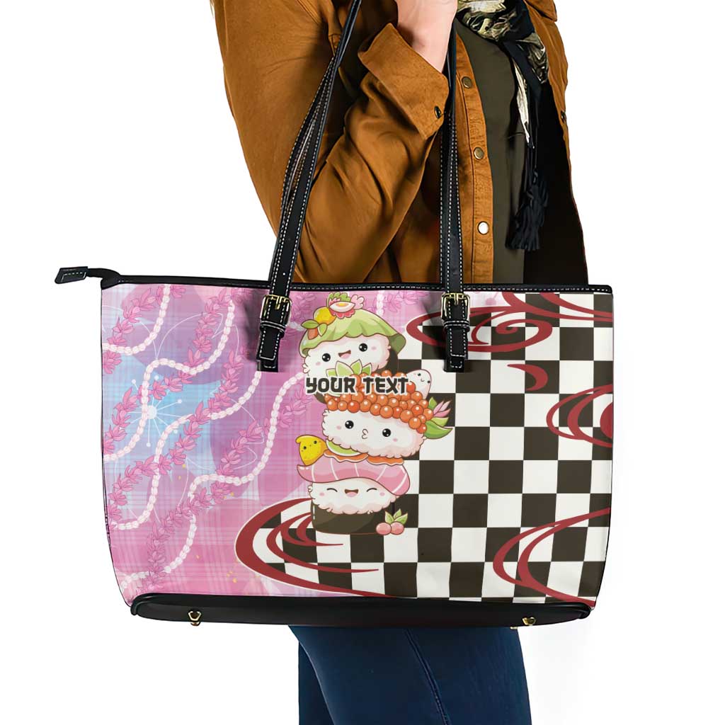 Personalized Japanese Kawaii Sushi Roll Leather Tote Bag Wagara Palaka Pattern LT9 - Polynesian Pride
