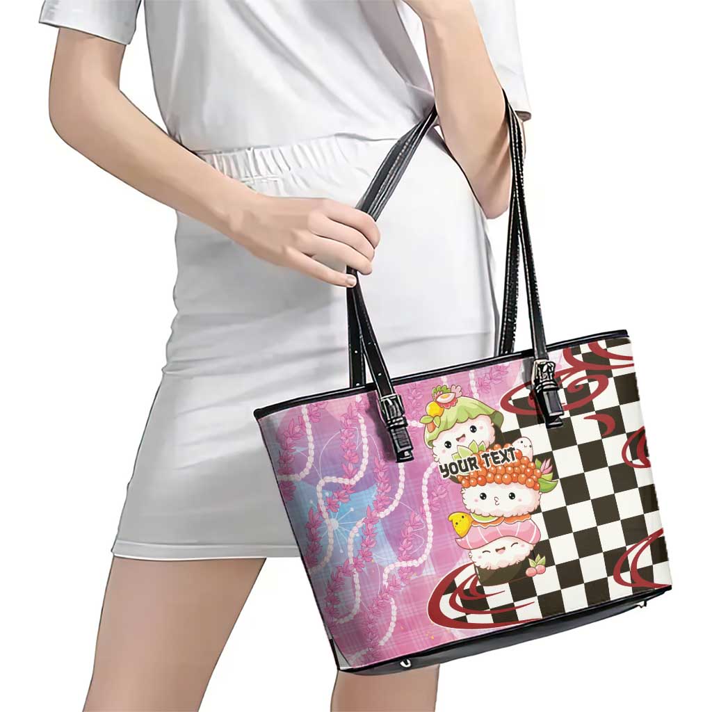 Personalized Japanese Kawaii Sushi Roll Leather Tote Bag Wagara Palaka Pattern LT9 - Polynesian Pride