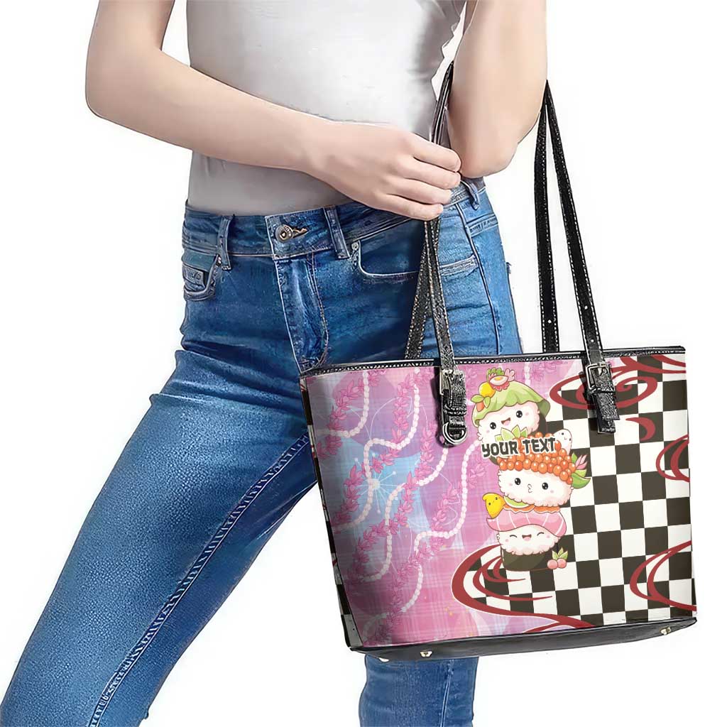 Personalized Japanese Kawaii Sushi Roll Leather Tote Bag Wagara Palaka Pattern LT9 - Polynesian Pride