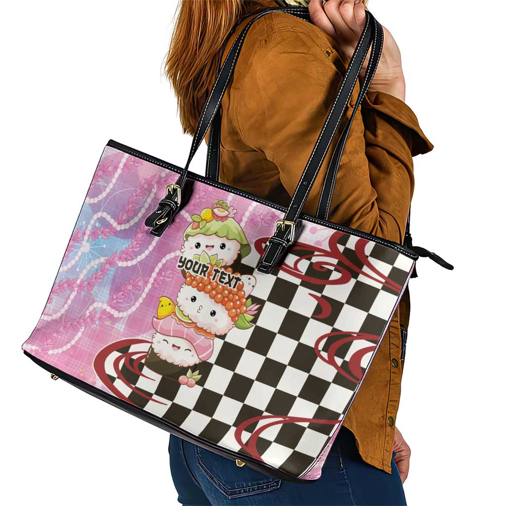 Personalized Japanese Kawaii Sushi Roll Leather Tote Bag Wagara Palaka Pattern LT9 - Polynesian Pride
