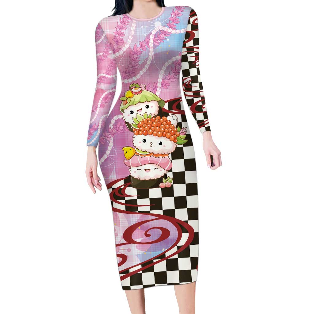 Personalized Japanese Kawaii Sushi Roll Long Sleeve Bodycon Dress Wagara Palaka Pattern