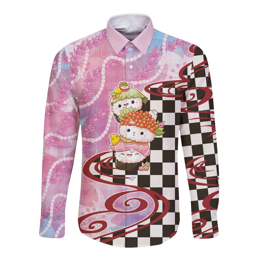 Personalized Japanese Kawaii Sushi Roll Long Sleeve Button Shirt Wagara Palaka Pattern LT9 Unisex Pink - Polynesian Pride