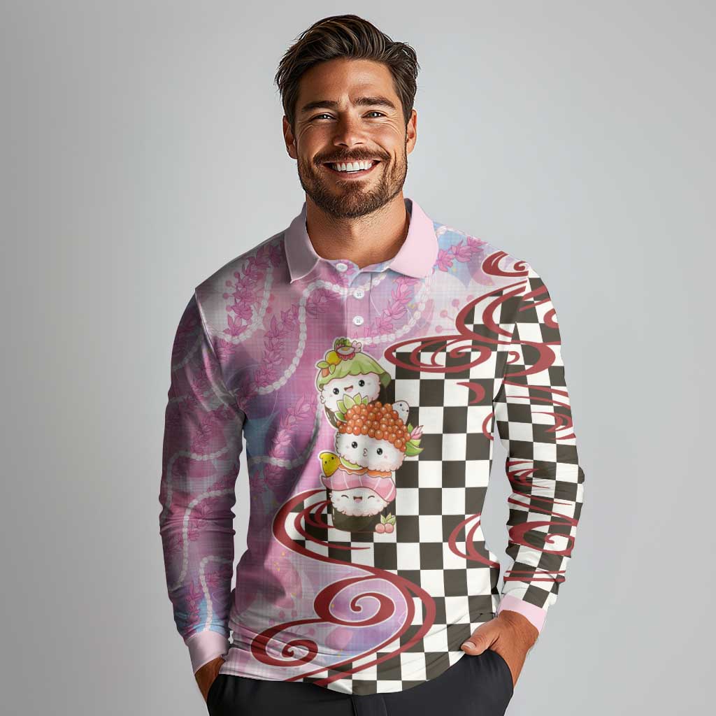 Personalized Japanese Kawaii Sushi Roll Long Sleeve Polo Shirt Wagara Palaka Pattern LT9 - Polynesian Pride