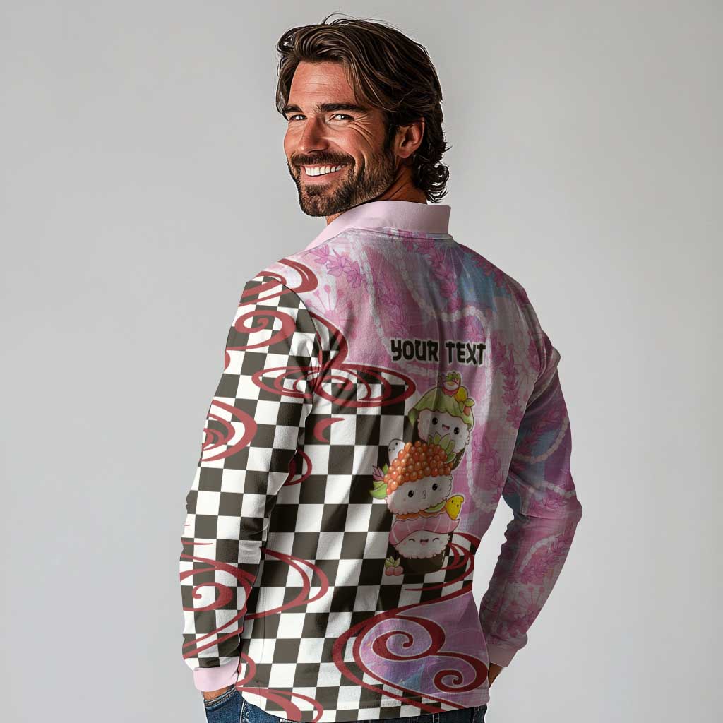 Personalized Japanese Kawaii Sushi Roll Long Sleeve Polo Shirt Wagara Palaka Pattern LT9 - Polynesian Pride