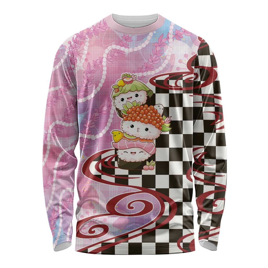 Personalized Japanese Kawaii Sushi Roll Long Sleeve Shirt Wagara Palaka Pattern LT9 Unisex Pink - Polynesian Pride