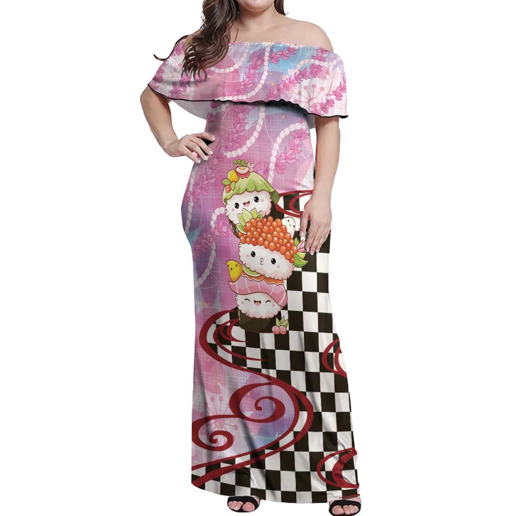 Personalized Japanese Kawaii Sushi Roll Off Shoulder Maxi Dress Wagara Palaka Pattern LT9 Women Pink - Polynesian Pride