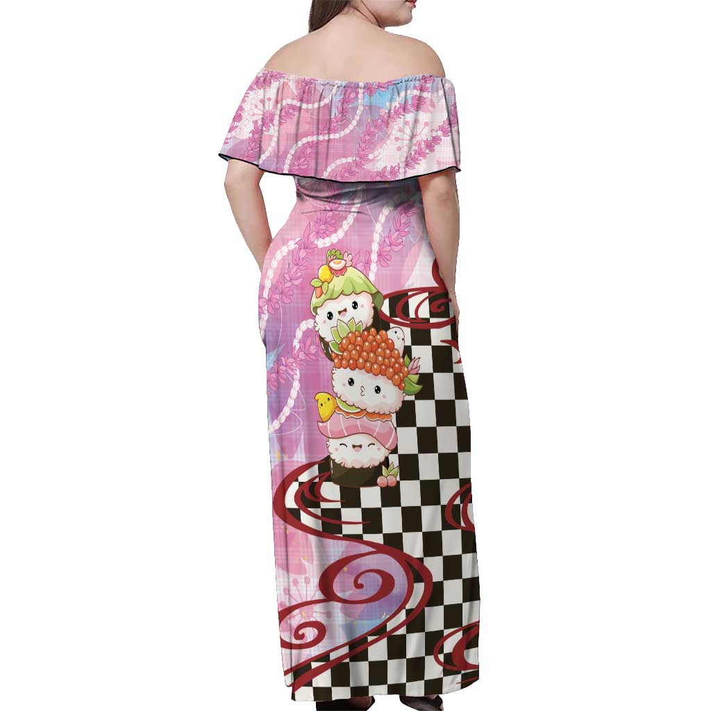 Personalized Japanese Kawaii Sushi Roll Off Shoulder Maxi Dress Wagara Palaka Pattern LT9 - Polynesian Pride