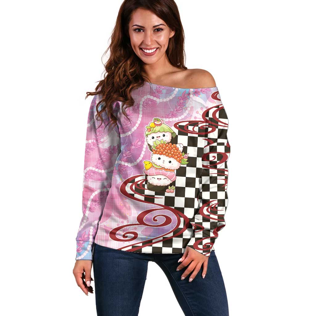 Personalized Japanese Kawaii Sushi Roll Off Shoulder Sweater Wagara Palaka Pattern LT9 Women Pink - Polynesian Pride
