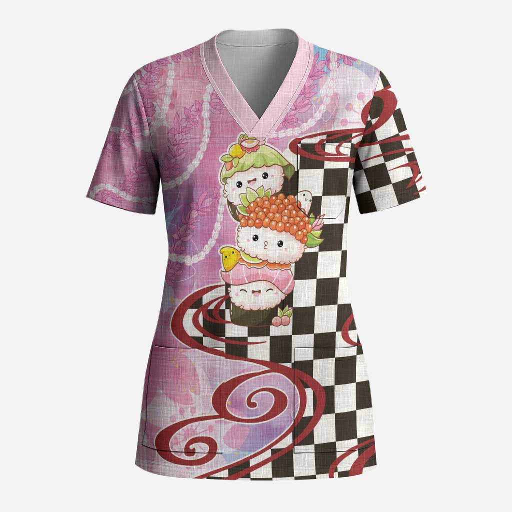 Personalized Japanese Kawaii Sushi Roll Scrub Top Wagara Palaka Pattern LT9 Adult Pink - Polynesian Pride