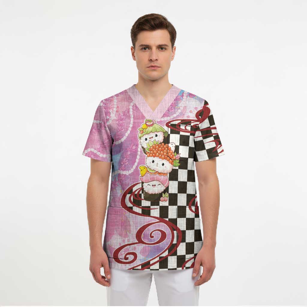 Personalized Japanese Kawaii Sushi Roll Scrub Top Wagara Palaka Pattern LT9 - Polynesian Pride