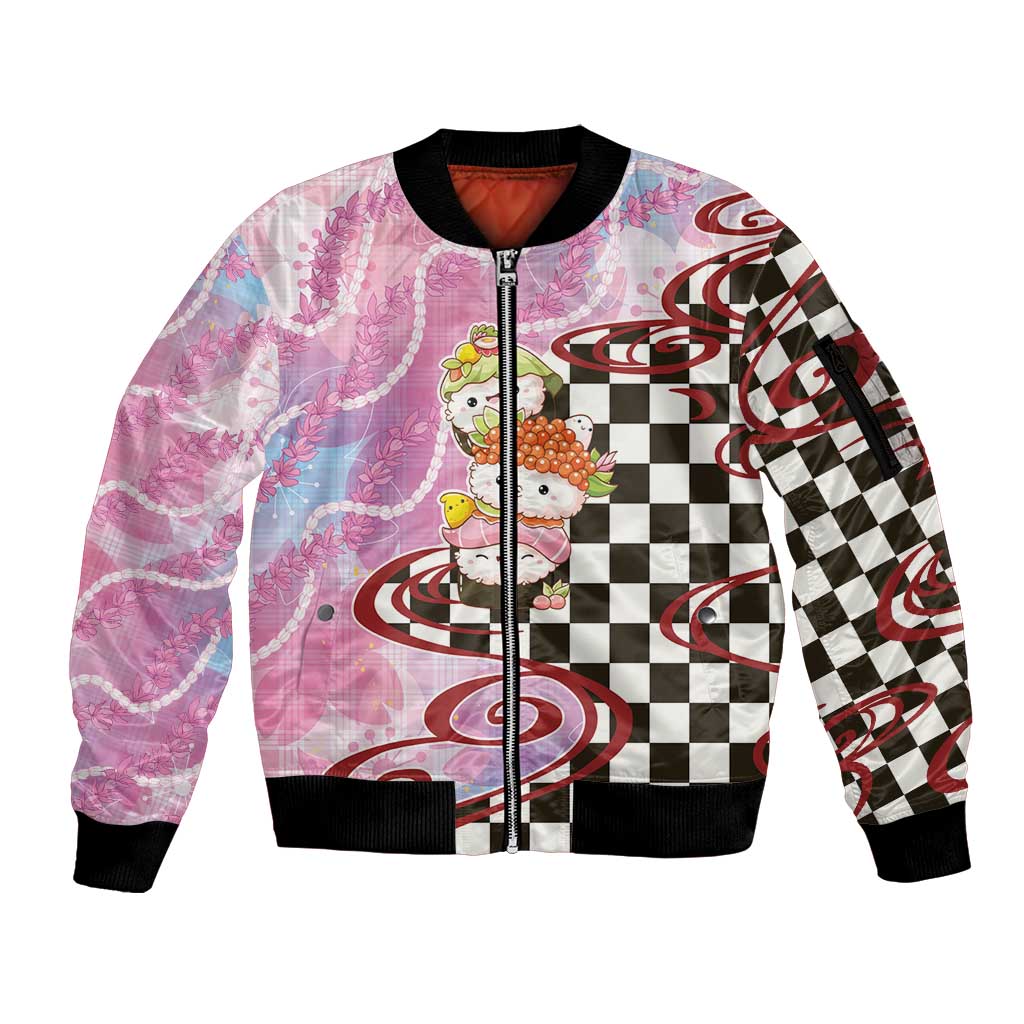 Personalized Japanese Kawaii Sushi Roll Sleeve Zip Bomber Jacket Wagara Palaka Pattern LT9 Unisex Pink - Polynesian Pride