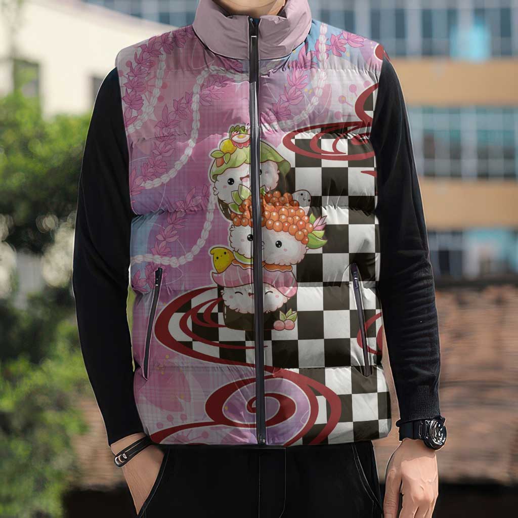 Personalized Japanese Kawaii Sushi Roll Sleeveless Puffer Jacket Wagara Palaka Pattern LT9 - Polynesian Pride