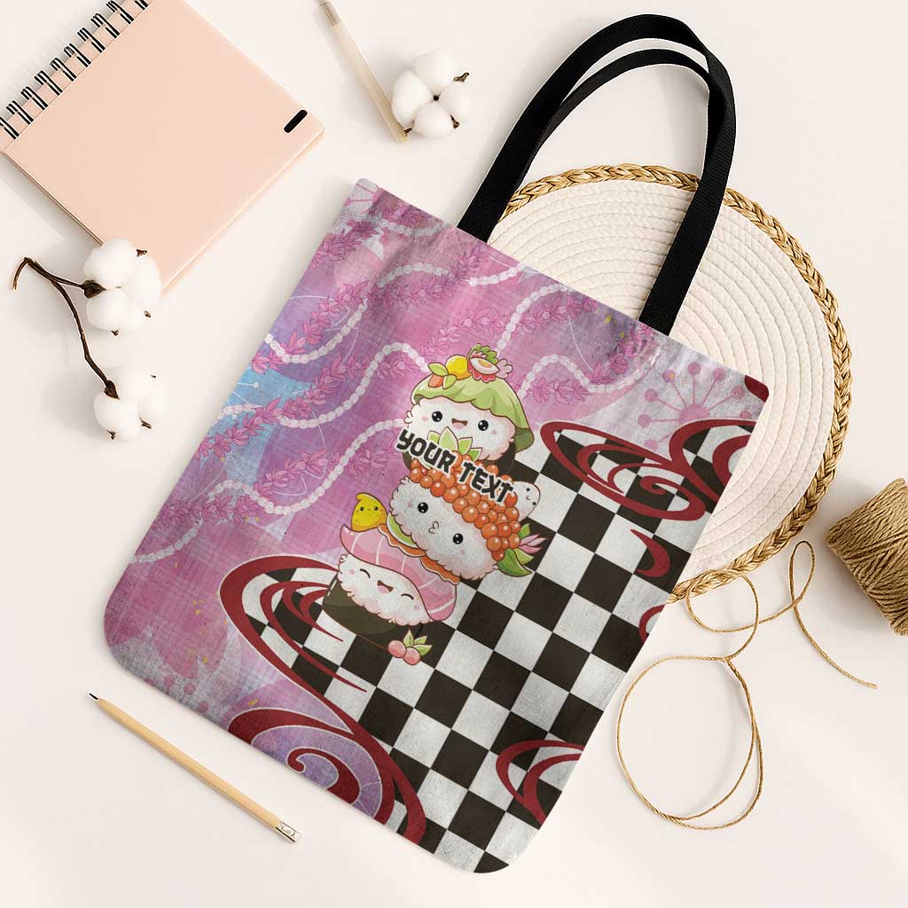 Personalized Japanese Kawaii Sushi Roll Tote Bag Wagara Palaka Pattern LT9 Black Strap One Size Pink - Polynesian Pride