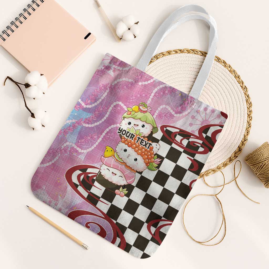 Personalized Japanese Kawaii Sushi Roll Tote Bag Wagara Palaka Pattern LT9 White Strap One Size Pink - Polynesian Pride
