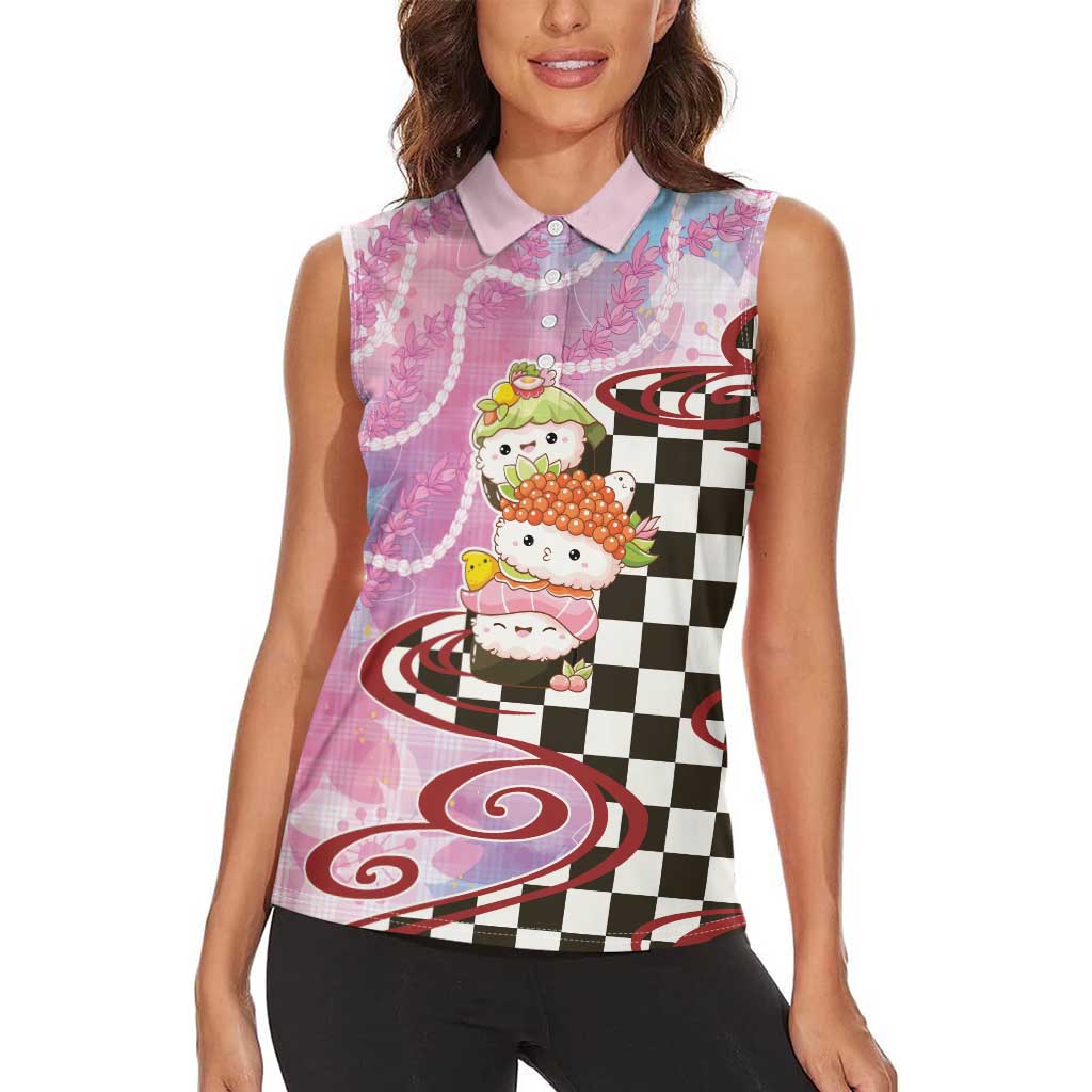 Personalized Japanese Kawaii Sushi Roll Women Sleeveless Polo Shirt Wagara Palaka Pattern LT9 - Polynesian Pride