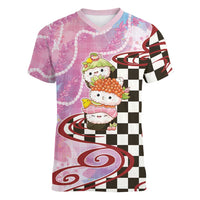 Personalized Japanese Kawaii Sushi Roll Women V-Neck T-Shirt Wagara Palaka Pattern LT9 Female Pink - Polynesian Pride