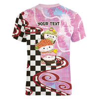 Personalized Japanese Kawaii Sushi Roll Women V-Neck T-Shirt Wagara Palaka Pattern LT9 - Polynesian Pride
