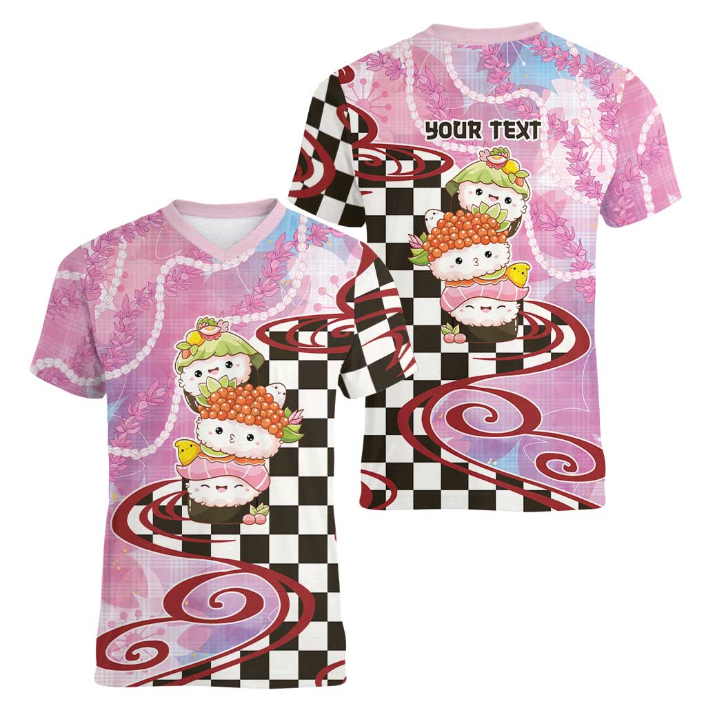 Personalized Japanese Kawaii Sushi Roll Women V-Neck T-Shirt Wagara Palaka Pattern LT9 - Polynesian Pride