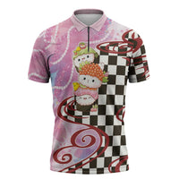 Personalized Japanese Kawaii Sushi Roll Zipper Polo Shirt Wagara Palaka Pattern LT9 Pink - Polynesian Pride