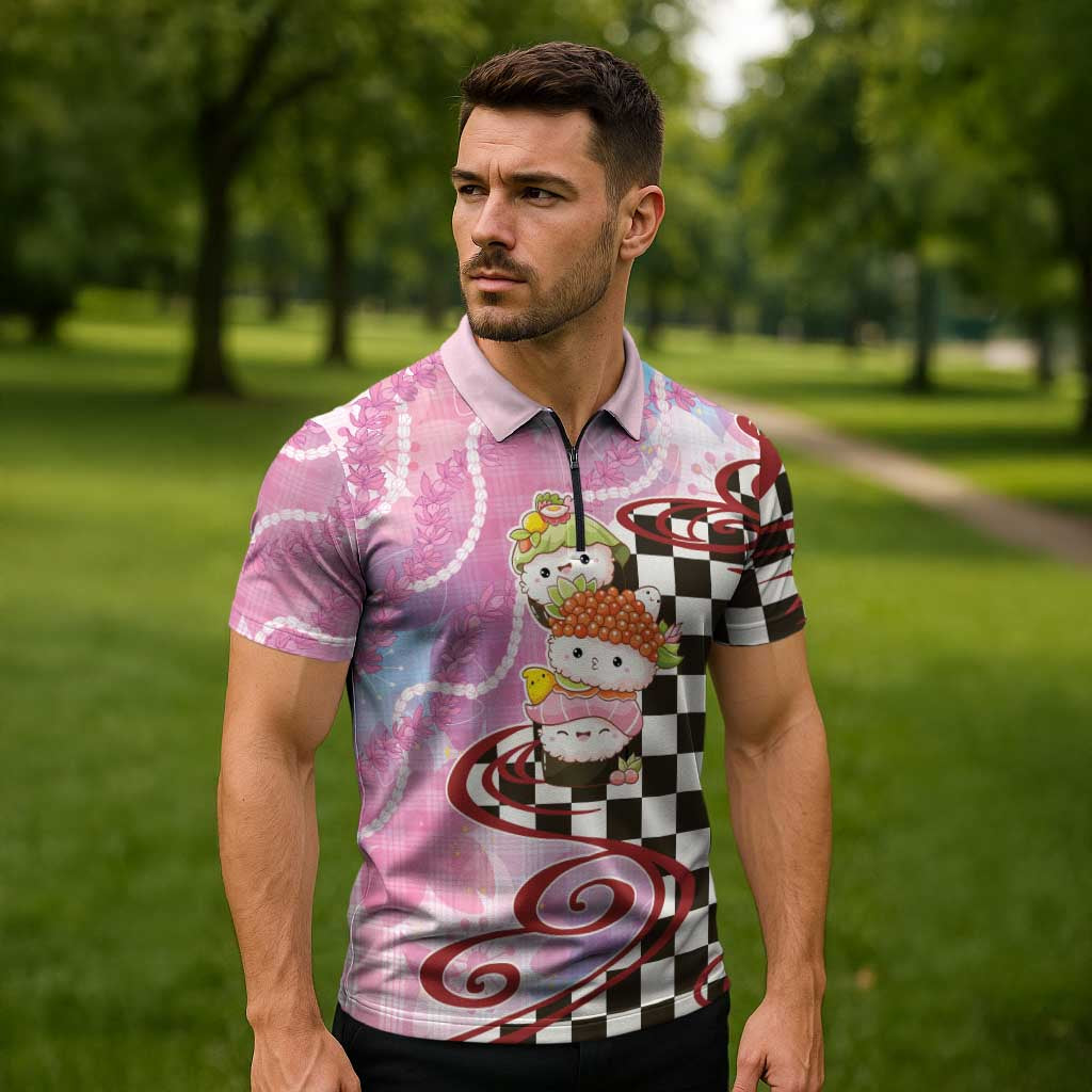 Personalized Japanese Kawaii Sushi Roll Zipper Polo Shirt Wagara Palaka Pattern LT9 - Polynesian Pride