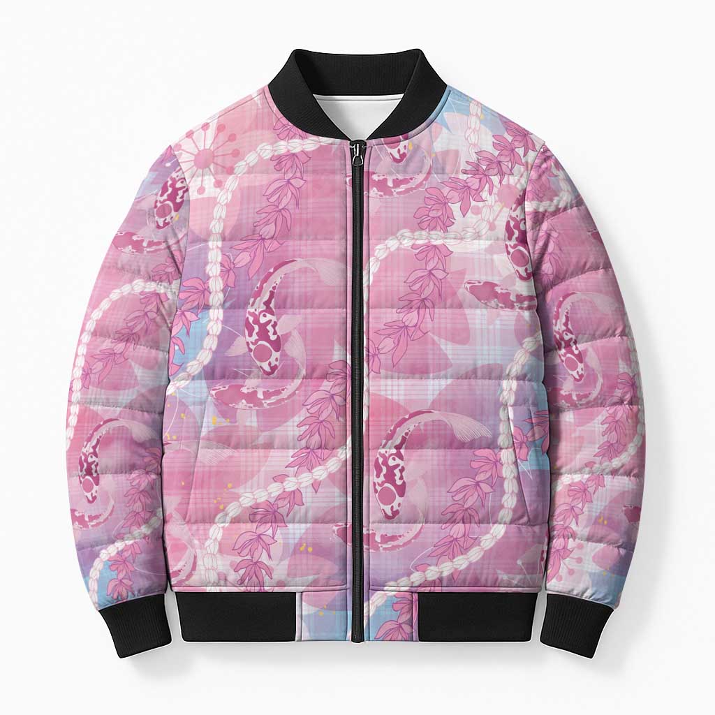 Japanese Koi Fish Bomber Puffer Jacket Pink Wagara Palaka Honohono Pikake Lei LT9 Unisex Pink - Polynesian Pride