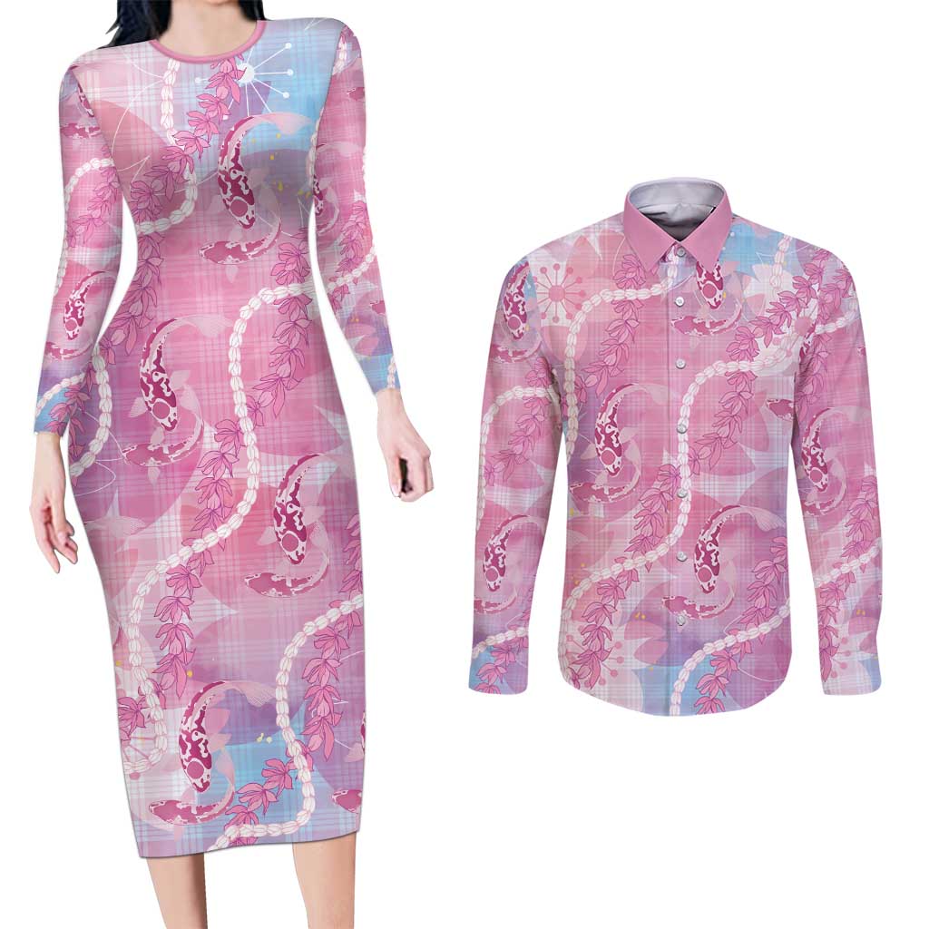 Japanese Koi Fish Couples Matching Long Sleeve Bodycon Dress and Long Sleeve Button Shirt Pink Wagara Palaka Honohono Pikake Lei LT9 Pink - Polynesian Pride