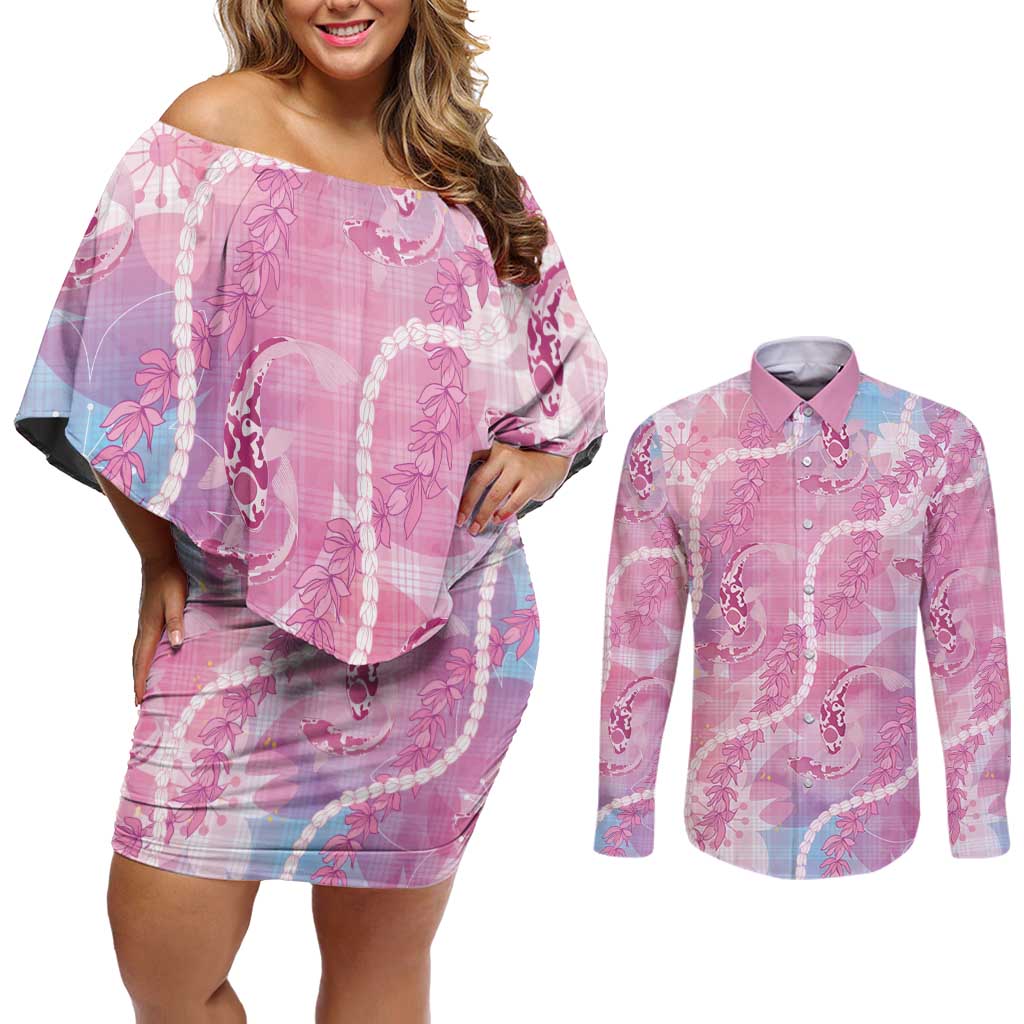 Japanese Koi Fish Couples Matching Off Shoulder Short Dress and Long Sleeve Button Shirt Pink Wagara Palaka Honohono Pikake Lei LT9 Pink - Polynesian Pride
