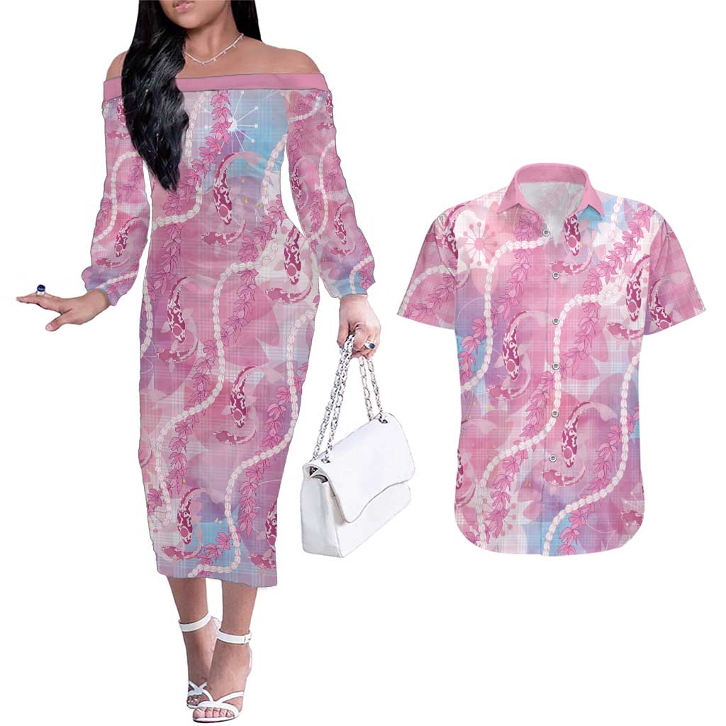 Japanese Koi Fish Couples Matching Off The Shoulder Long Sleeve Dress and Hawaiian Shirt Pink Wagara Palaka Honohono Pikake Lei