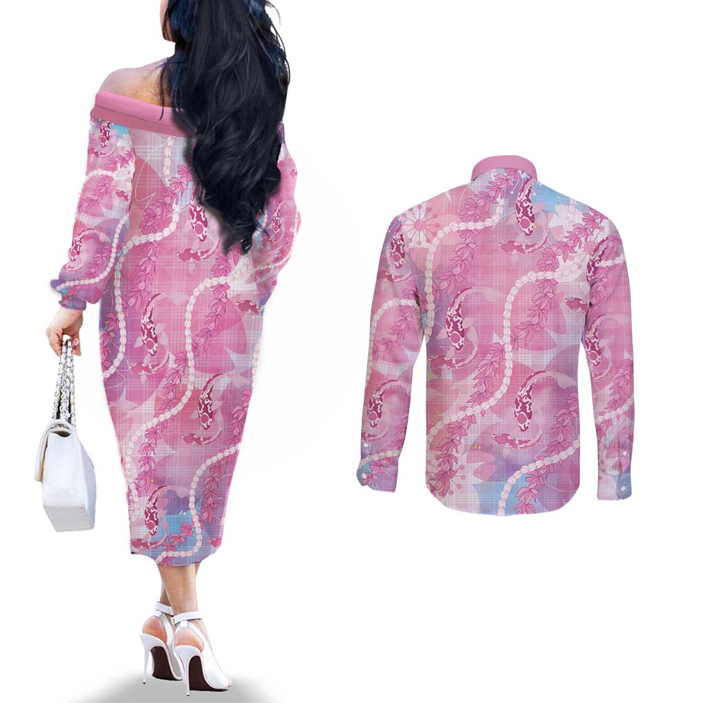 Japanese Koi Fish Couples Matching Off The Shoulder Long Sleeve Dress and Long Sleeve Button Shirt Pink Wagara Palaka Honohono Pikake Lei
