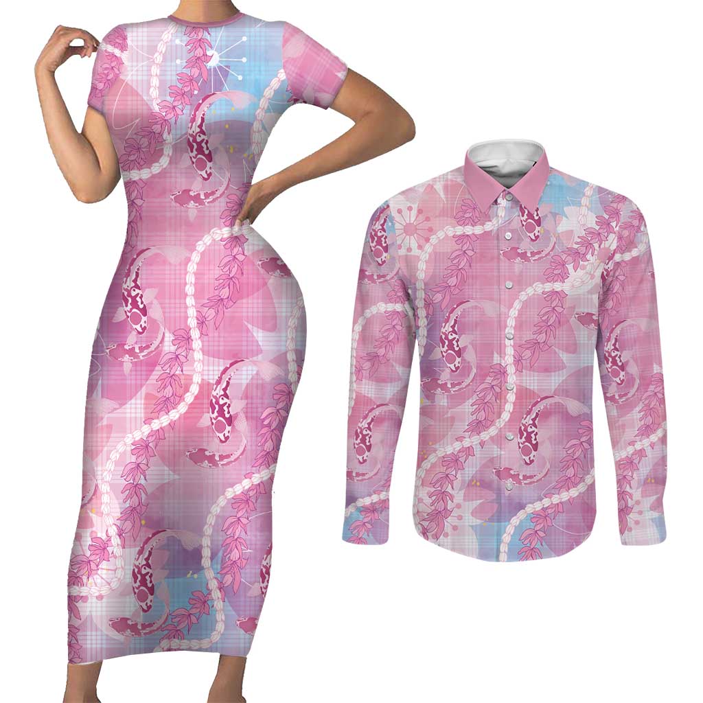Japanese Koi Fish Couples Matching Short Sleeve Bodycon Dress and Long Sleeve Button Shirt Pink Wagara Palaka Honohono Pikake Lei LT9 Pink - Polynesian Pride