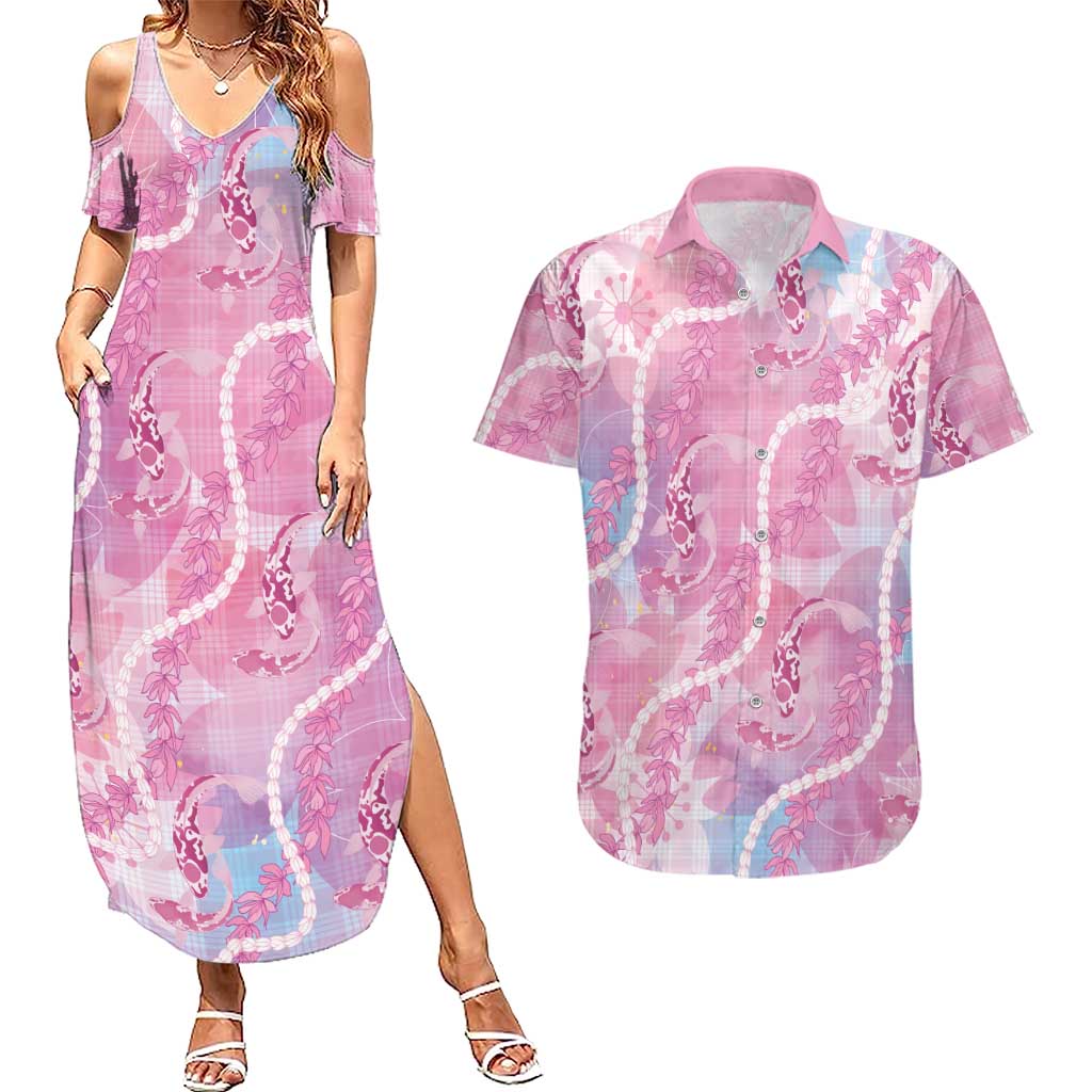 Japanese Koi Fish Couples Matching Summer Maxi Dress and Hawaiian Shirt Pink Wagara Palaka Honohono Pikake Lei