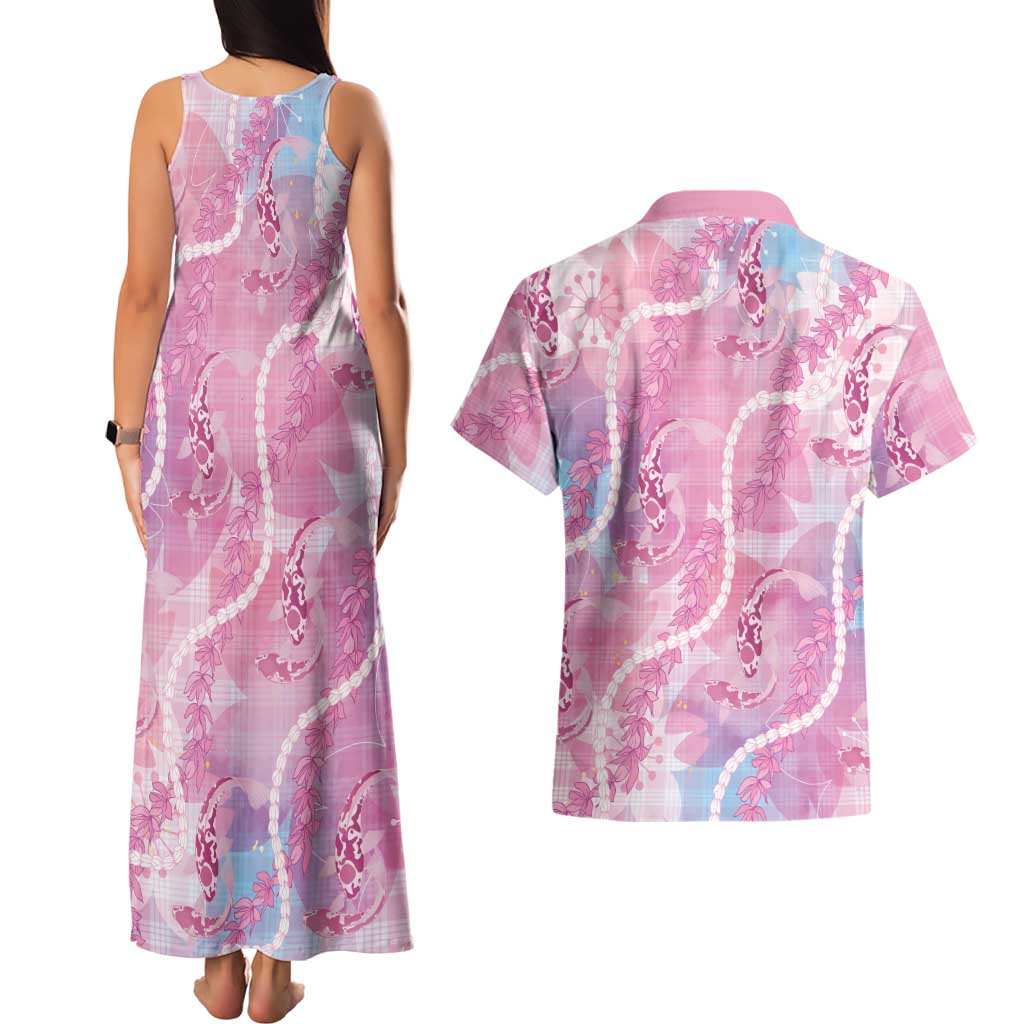Japanese Koi Fish Couples Matching Tank Maxi Dress and Hawaiian Shirt Pink Wagara Palaka Honohono Pikake Lei