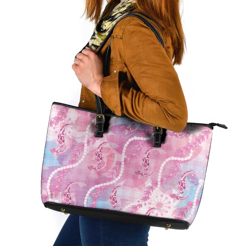 Japanese Koi Fish Leather Tote Bag Pink Wagara Palaka Honohono Pikake Lei LT9 Pink - Polynesian Pride