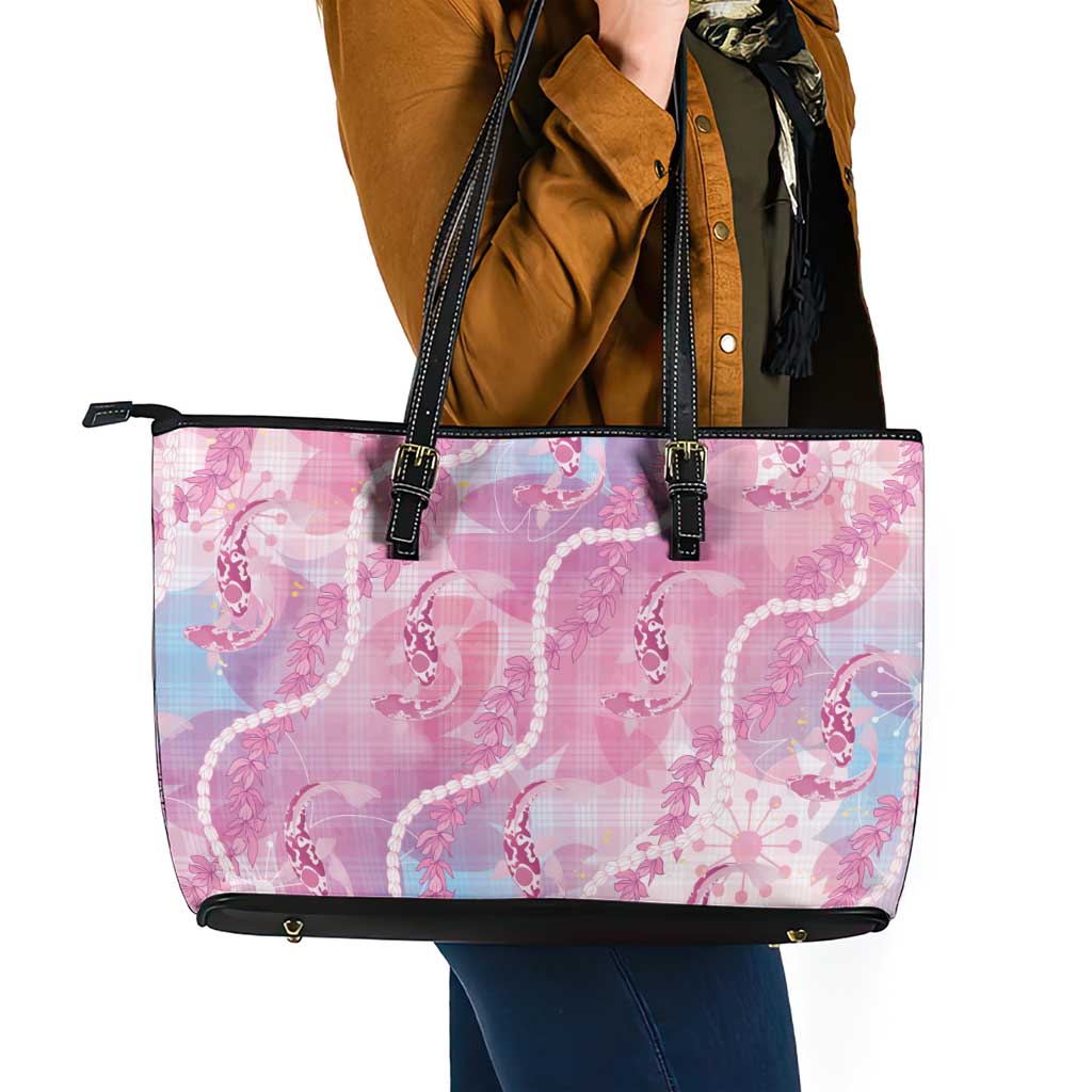 Japanese Koi Fish Leather Tote Bag Pink Wagara Palaka Honohono Pikake Lei LT9 - Polynesian Pride