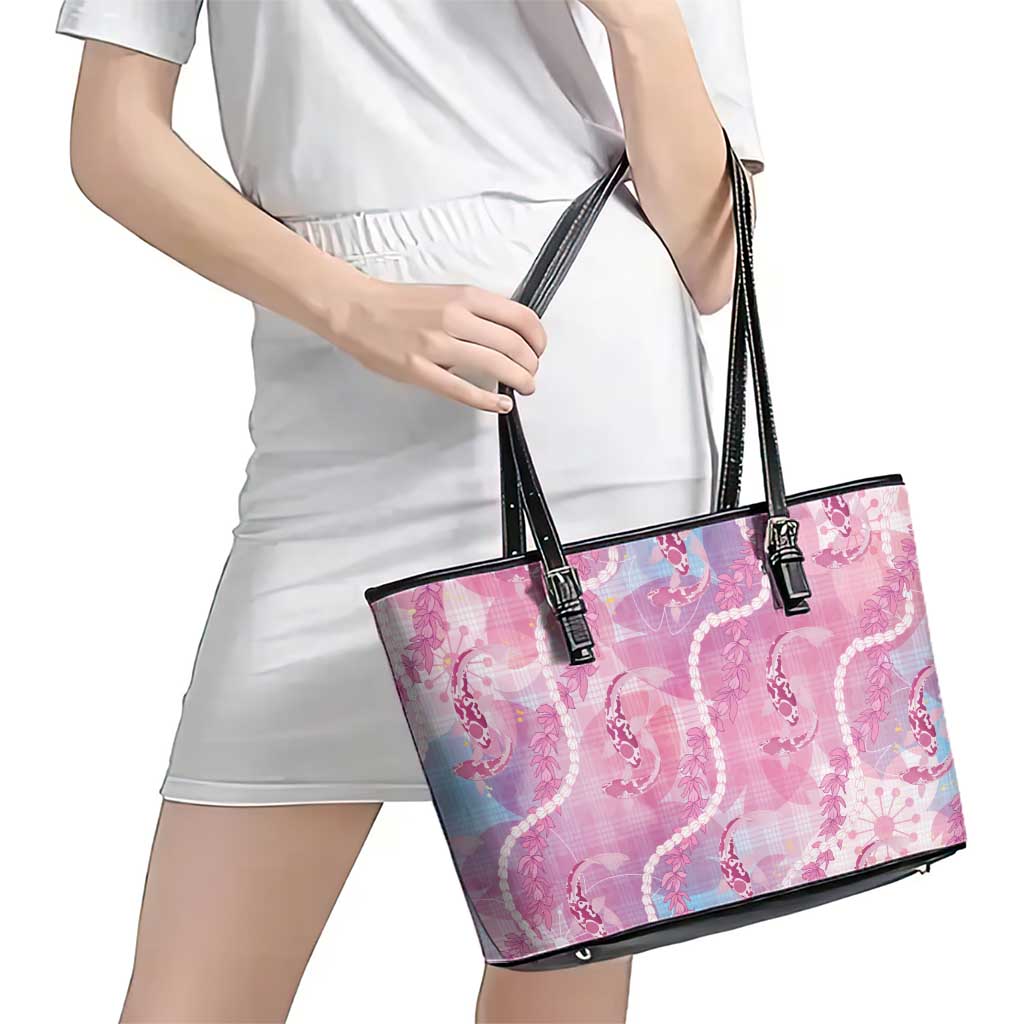 Japanese Koi Fish Leather Tote Bag Pink Wagara Palaka Honohono Pikake Lei LT9 - Polynesian Pride