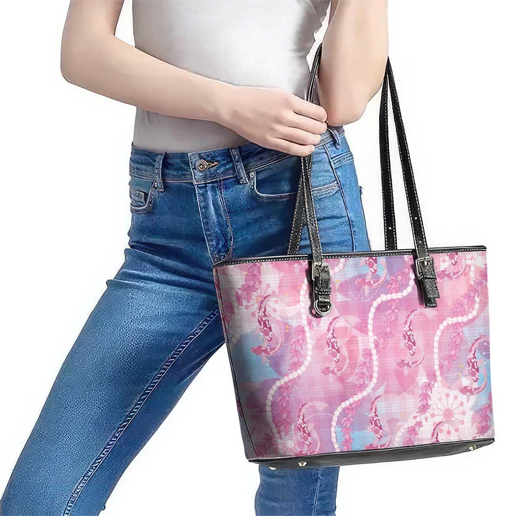 Japanese Koi Fish Leather Tote Bag Pink Wagara Palaka Honohono Pikake Lei LT9 - Polynesian Pride