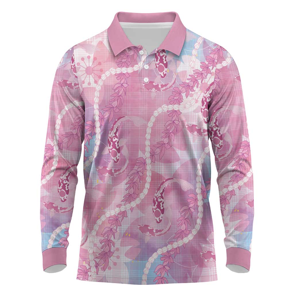 Japanese Koi Fish Long Sleeve Polo Shirt Pink Wagara Palaka Honohono Pikake Lei LT9 Pink - Polynesian Pride
